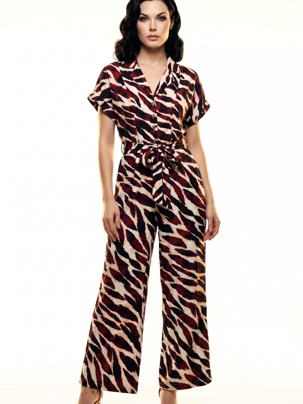Tie-Waist Short-Sleeve Animal-Print Women’s Jumpsuit in Burgundy & Cream